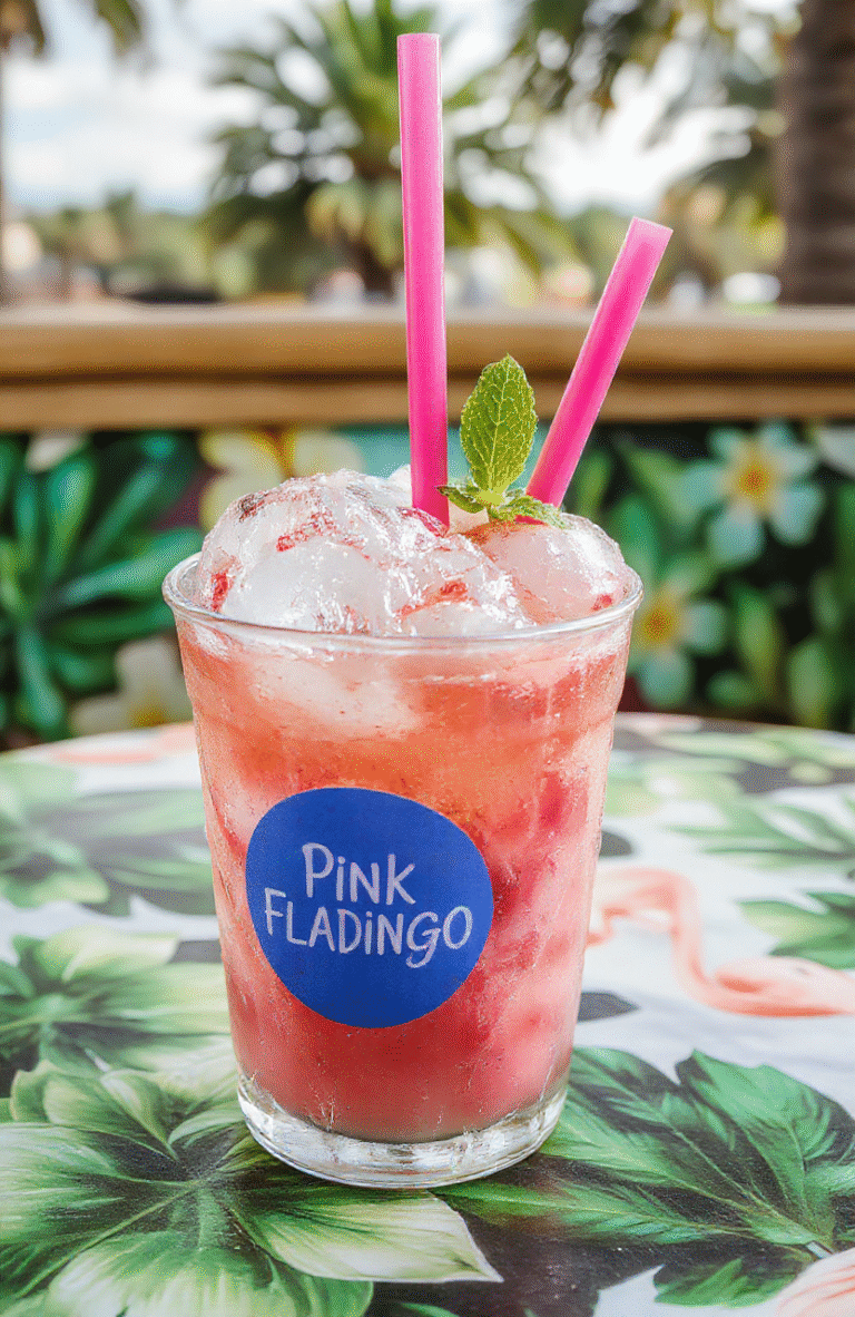 A vibrant pink Pink Flamingo Refresher in a clear glass with ice, garnished with fresh lime slices and mint leaves, surrounded by tropical flowers and a straw, styled on a colorful counter with a tropical background, capturing a refreshing and exotic vibe.