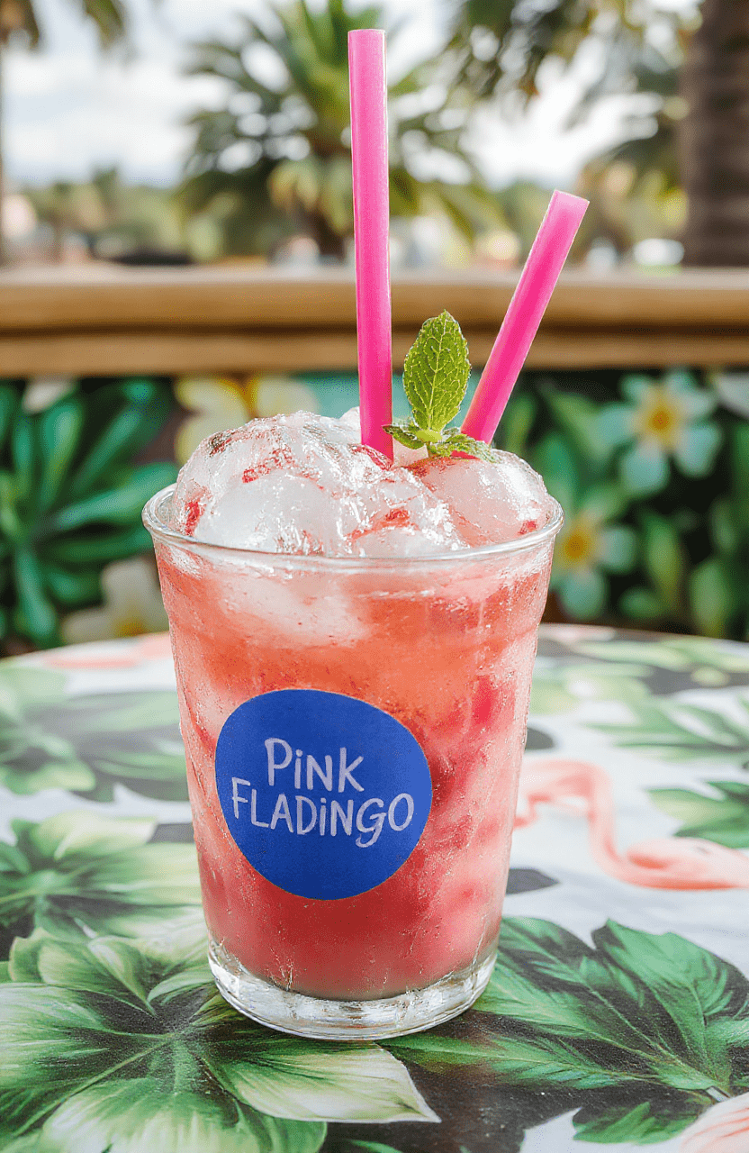 A vibrant pink Pink Flamingo Refresher in a clear glass with ice, garnished with fresh lime slices and mint leaves, surrounded by tropical flowers and a straw, styled on a colorful counter with a tropical background, capturing a refreshing and exotic vibe.