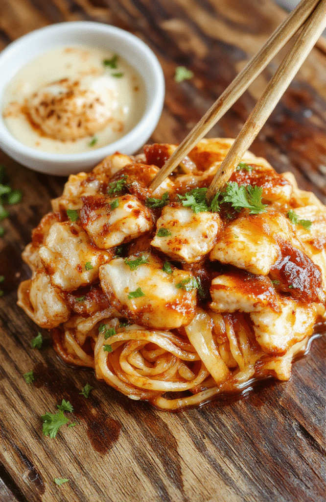 Colorful plate of sticky garlic chicken noodles garnished with green onions and sesame seeds, featuring tender chicken pieces coated in glossy garlic sauce, served on a rustic white dish with chopsticks and fresh herbs in the background.