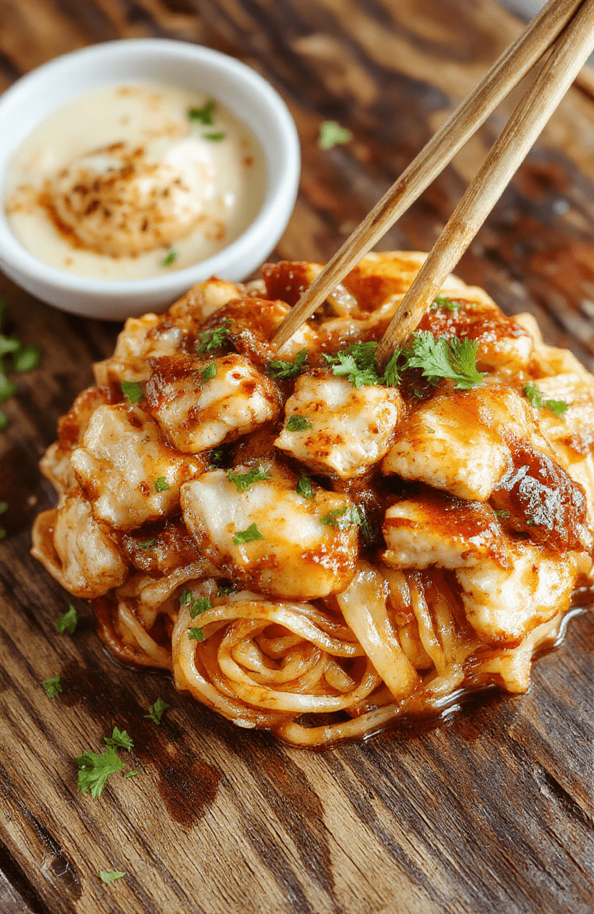 Colorful plate of sticky garlic chicken noodles garnished with green onions and sesame seeds, featuring tender chicken pieces coated in glossy garlic sauce, served on a rustic white dish with chopsticks and fresh herbs in the background.