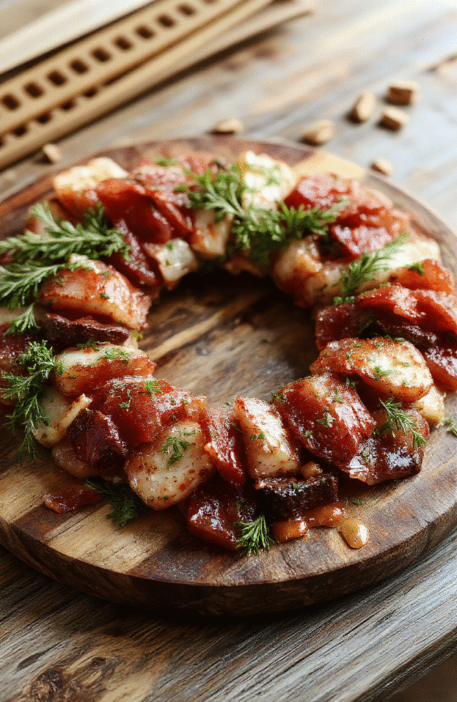 A beautifully arranged charcuterie wreath featuring an assortment of cured meats, cheeses, fresh fruits, nuts, and herbs, artfully displayed in a circular wreath shape on a rustic wooden platter, with vibrant reds, yellows, and greens contrasting against neutral tones, styled with elegant garnishes and decorative elements.