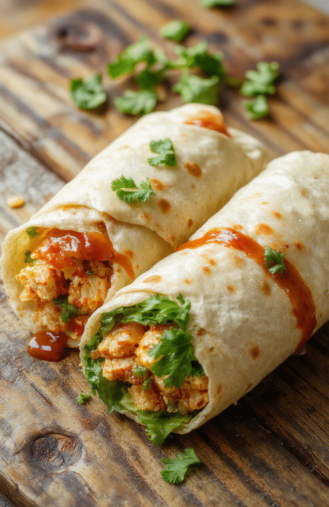 Colorful chicken wraps filled with tender sliced chicken, bright red sweet chili sauce, fresh green lettuce, and crunchy vegetables, arranged on a rustic wooden plate, with a clean, minimalist background that emphasizes the vibrant ingredients. The textures of the crispy wraps and glossy sauce create an appetizing contrast, styled simply for an inviting look.