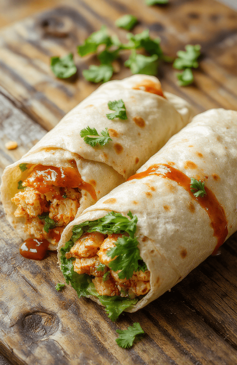 Colorful chicken wraps filled with tender sliced chicken, bright red sweet chili sauce, fresh green lettuce, and crunchy vegetables, arranged on a rustic wooden plate, with a clean, minimalist background that emphasizes the vibrant ingredients. The textures of the crispy wraps and glossy sauce create an appetizing contrast, styled simply for an inviting look.