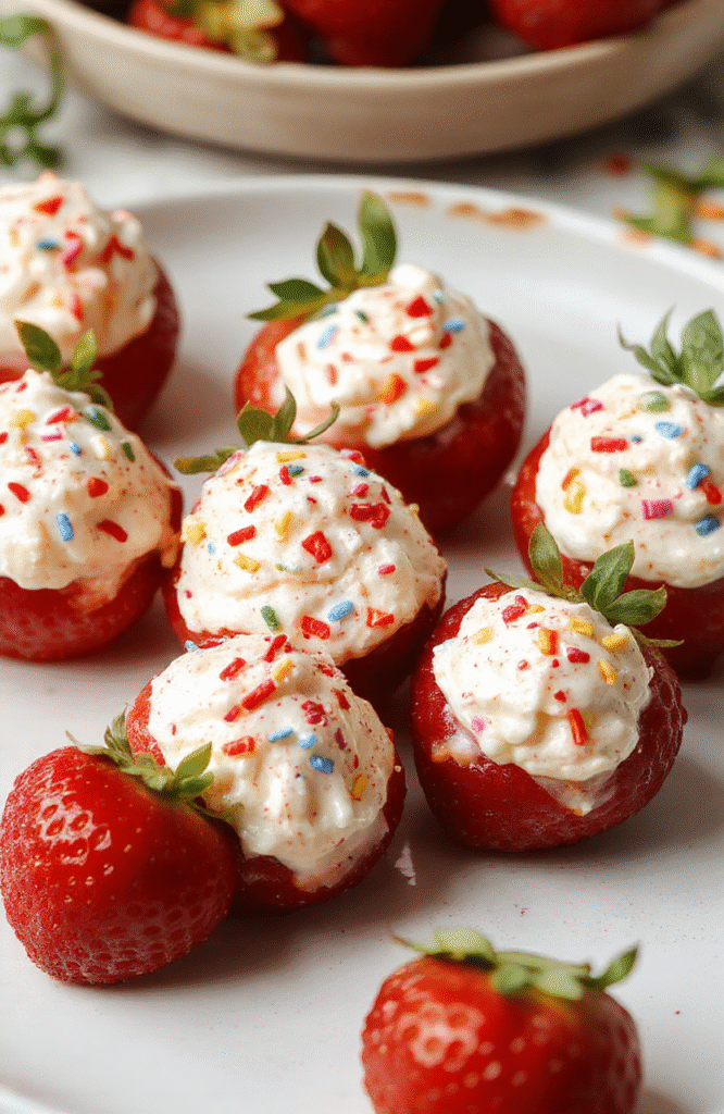 Bright red strawberries halved and filled with a glossy, creamy white filling topped with tiny sprinkles, arranged on a rustic white plate with a blurred background of a party setting.