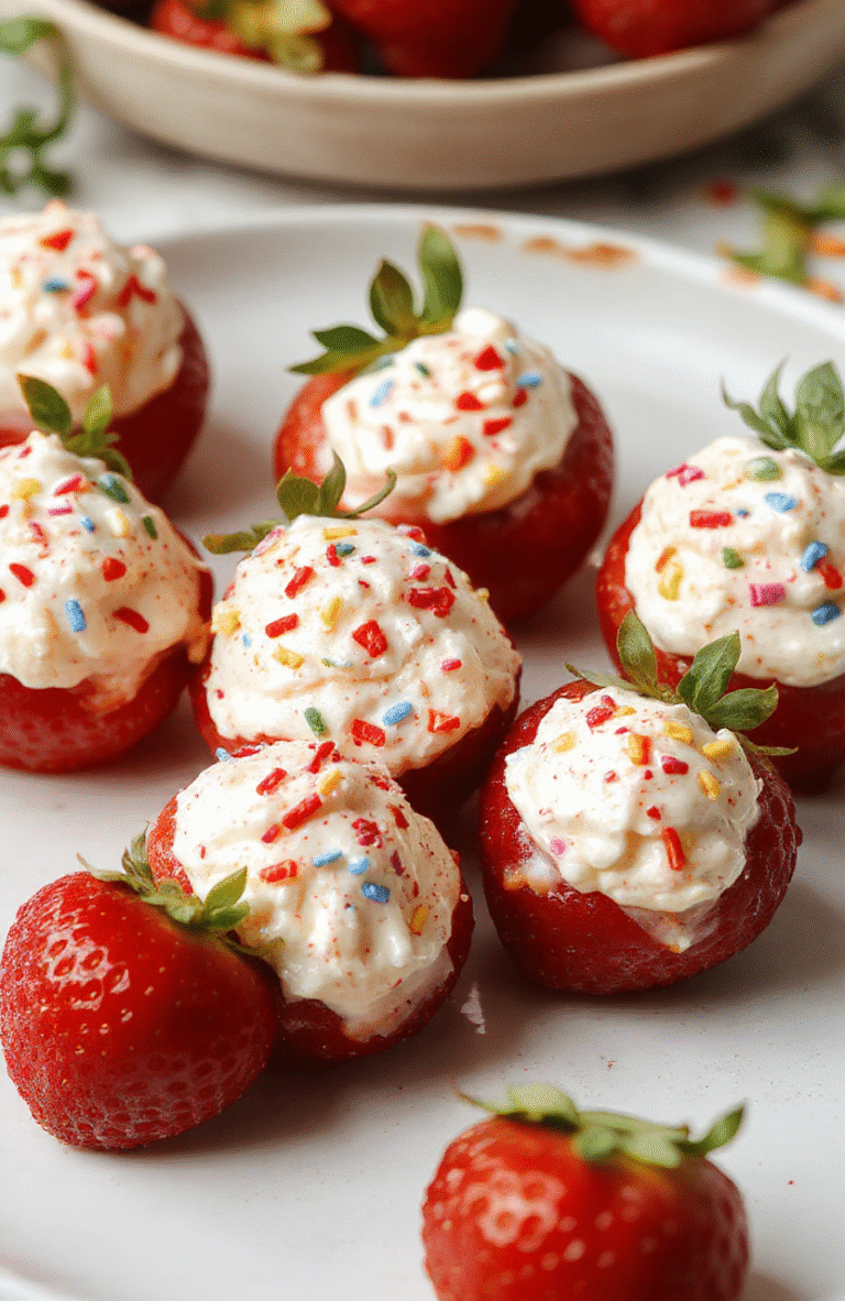 Bright red strawberries halved and filled with a glossy, creamy white filling topped with tiny sprinkles, arranged on a rustic white plate with a blurred background of a party setting.