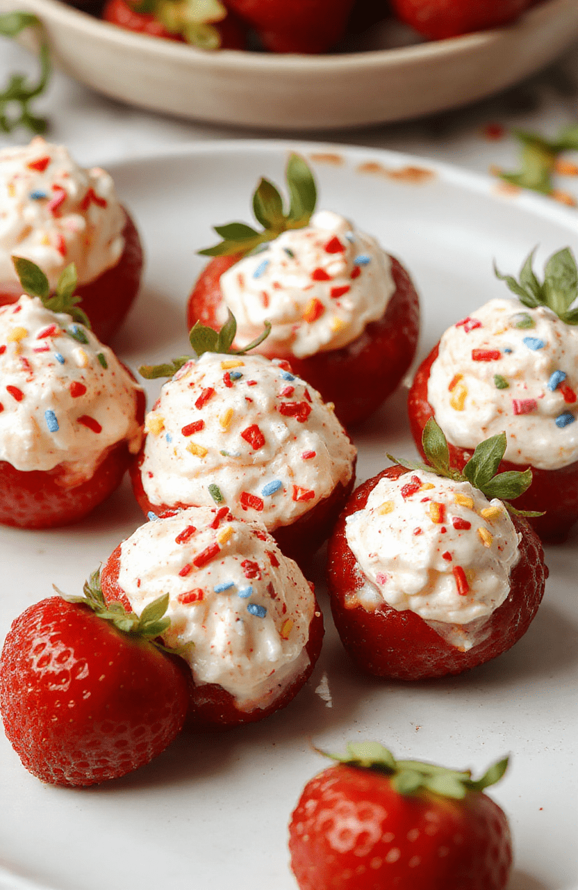 Bright red strawberries halved and filled with a glossy, creamy white filling topped with tiny sprinkles, arranged on a rustic white plate with a blurred background of a party setting.