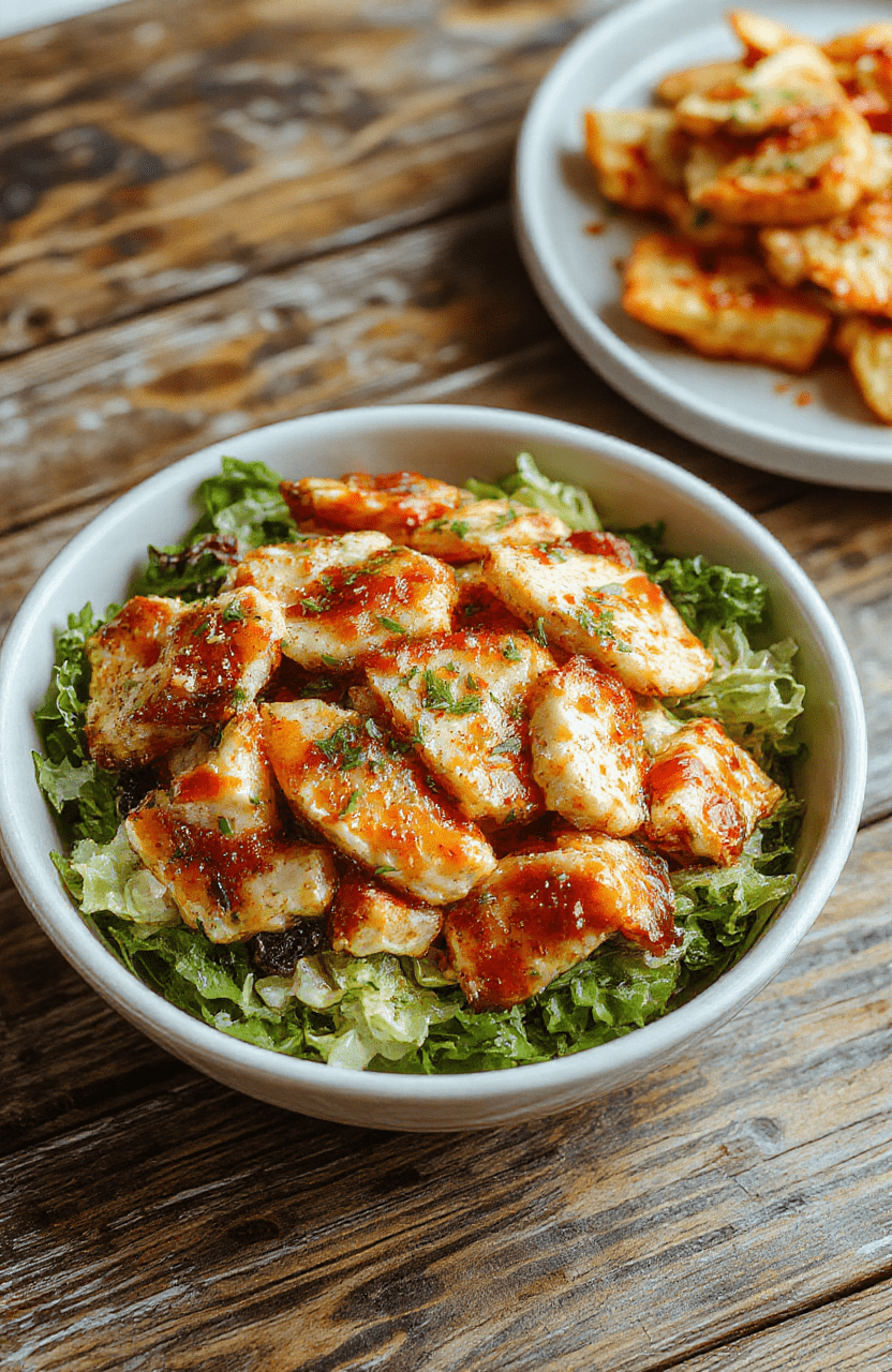 Colorful honey hot chicken salad served in a bowl with crispy chicken pieces, vibrant greens, and a drizzle of honey sauce, topped with chopped herbs. The textures of tender chicken contrasted with fresh crisp veggies and glossy honey dressing create an appetizing and inviting presentation.