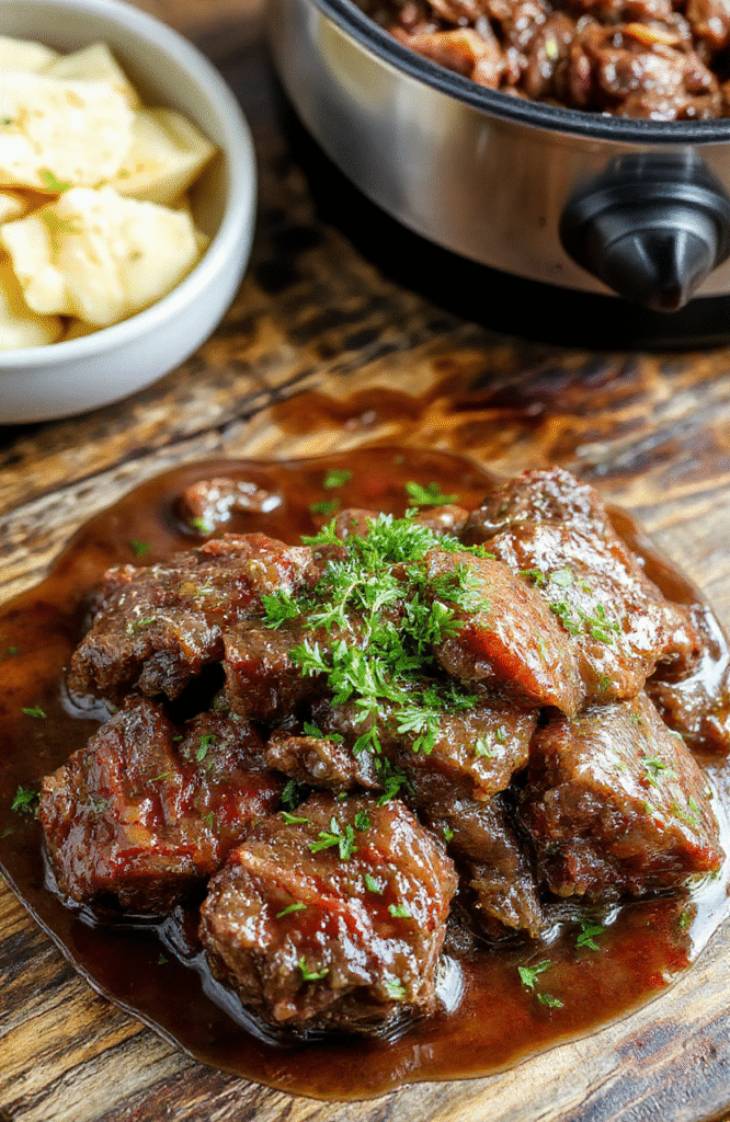 A rustic bowl of rich beef bourguignon with tender chunks of beef, sautéed mushrooms, carrots, and onions in a deep red wine sauce. Garnished with fresh herbs, served on a wooden table with a glass of red wine nearby, showcasing a hearty, comforting presentation.