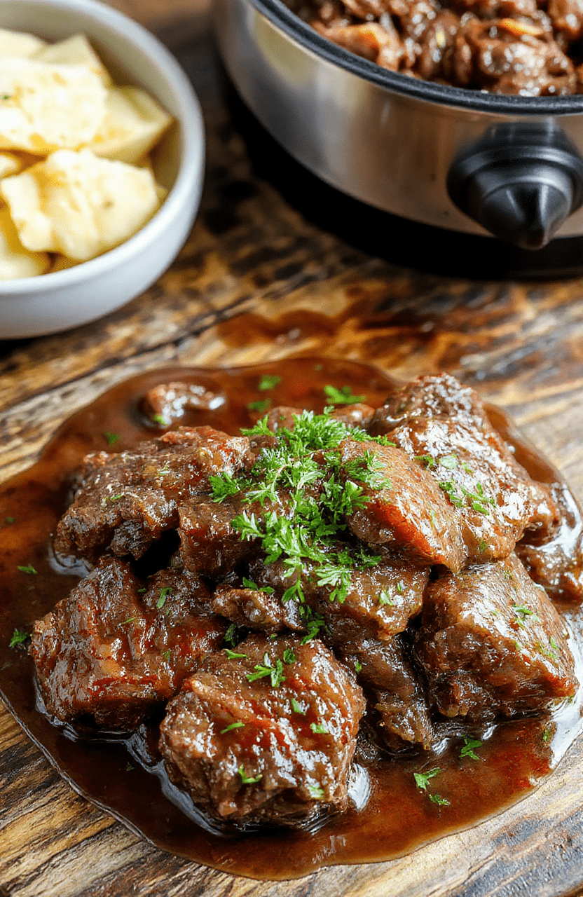 A rustic bowl of rich beef bourguignon with tender chunks of beef, sautéed mushrooms, carrots, and onions in a deep red wine sauce. Garnished with fresh herbs, served on a wooden table with a glass of red wine nearby, showcasing a hearty, comforting presentation.
