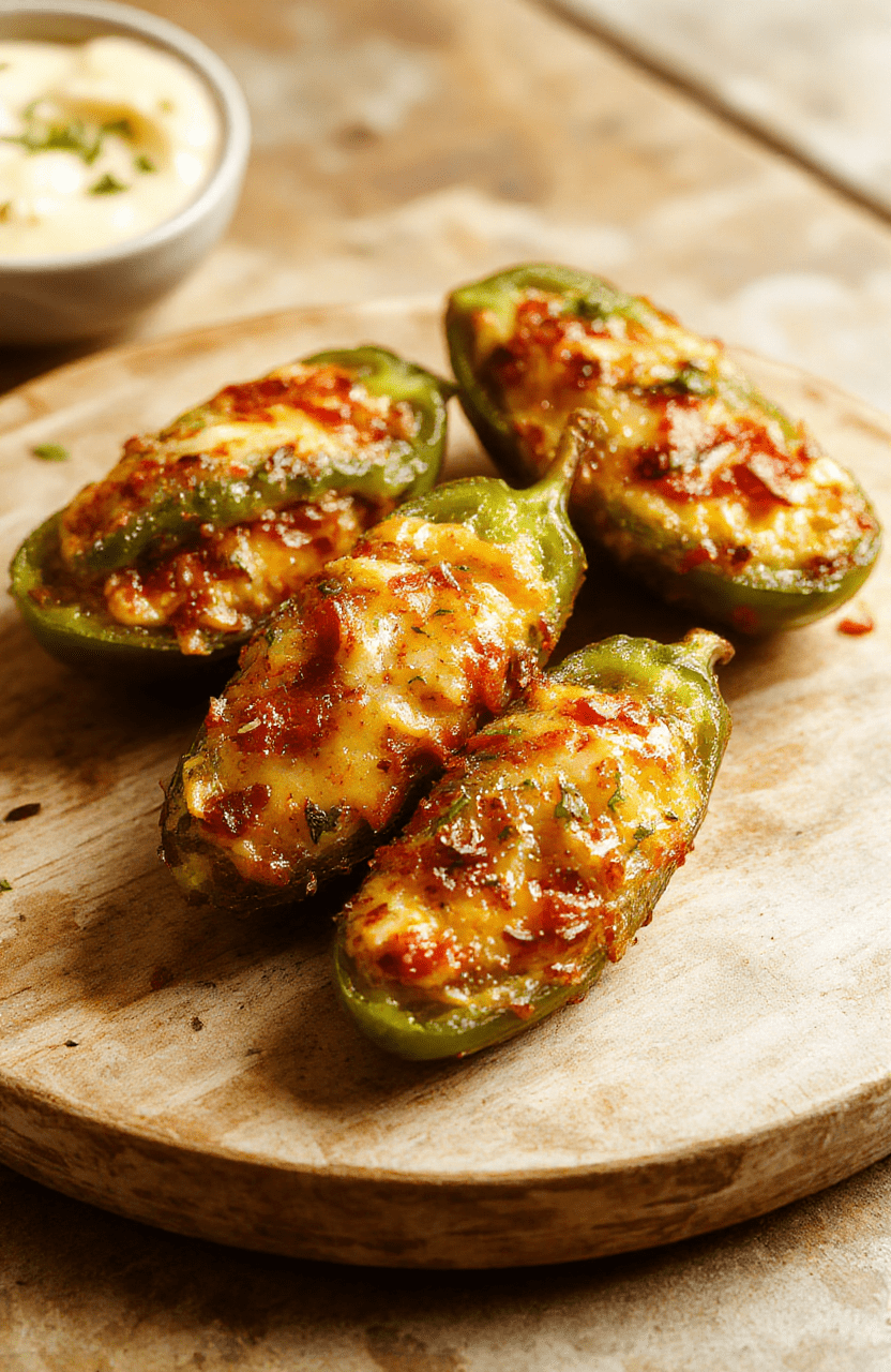 Colorful jalapeño peppers filled with creamy cheese, topped with crispy breadcrumb coating, arranged on a white plate with a vibrant background, textures of melted cheese and crunchy topping highlighted, styled with fresh herbs for an appealing presentation.