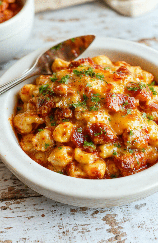 A vibrant plate of BBQ chicken mac and cheese featuring golden-brown baked macaroni topped with shredded BBQ chicken, melted cheese, and garnished with chopped green onions. The dish is served on a rustic wooden table with a hint of creamy sauce drizzle, highlighting the textures of tender chicken and gooey cheese in a warm, inviting presentation.