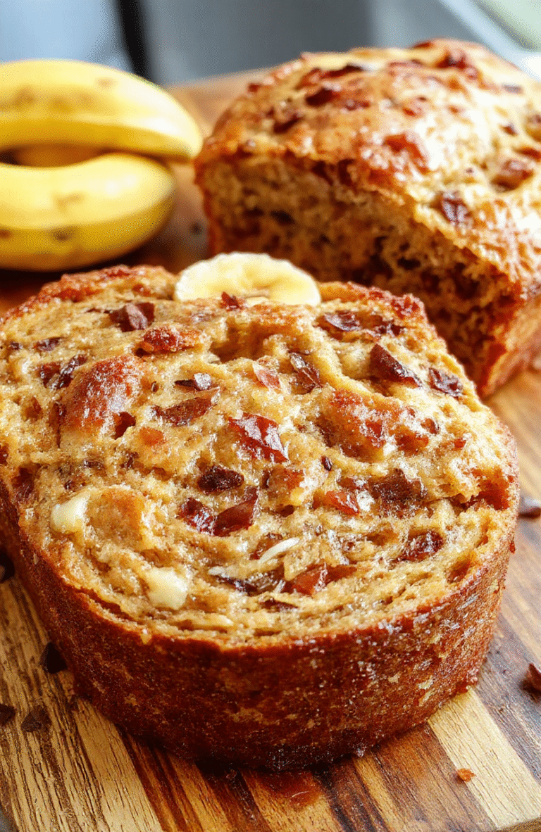 A close-up image of a moist banana bread loaf on a rustic wooden table, golden-brown crust, sliced revealing tender interior with banana chunks, styled simply with a few banana slices on the side, natural light highlighting its fluffy texture and inviting appearance.