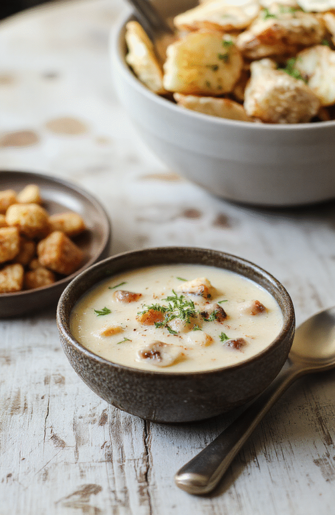 A rustic ceramic bowl filled with creamy, rich mushroom soup, topped with a swirl of coconut cream and fresh thyme sprigs, served beside crusty sourdough bread and a side of sautéed greens on a wooden cutting board under soft natural light.