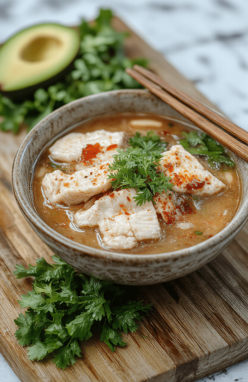 Aromatic chicken pho in a rustic ceramic bowl with tender poached chicken strips, rice noodles, fresh bean sprouts, Thai basil, cilantro, lime wedges, and thinly sliced jalapeños, served with a side of hoisin and chili sauces, on a wooden table with soft natural light and subtle steam rising.