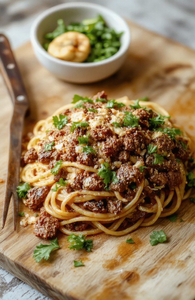 A steaming plate of flavorful Asian-inspired ground beef spaghetti tossed in a savory-sweet garlic soy glaze, topped with sesame seeds, green onions, and a lemon wedge. The pasta is al dente and coated in glossy sauce, with tender beef fragments nestled in the coils.