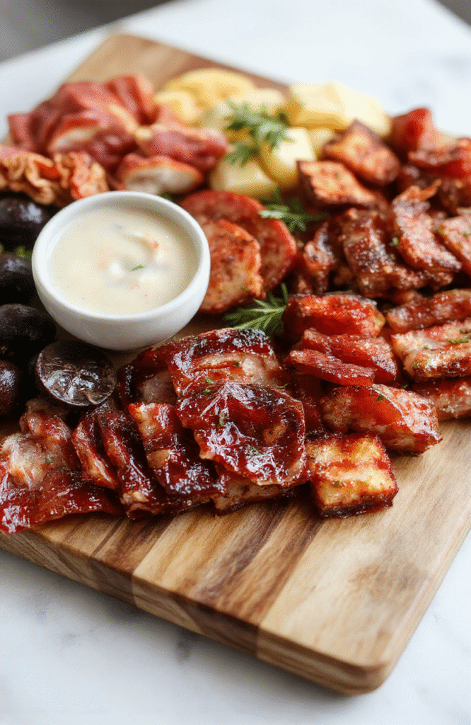 Stylish wooden board topped with neat sections of cured meats like salami and prosciutto, green grapes, olives, fig jam in a small ramekin, crackers, and soft cheese, arranged with minimal effort and vibrant colors for a casual appetizer.