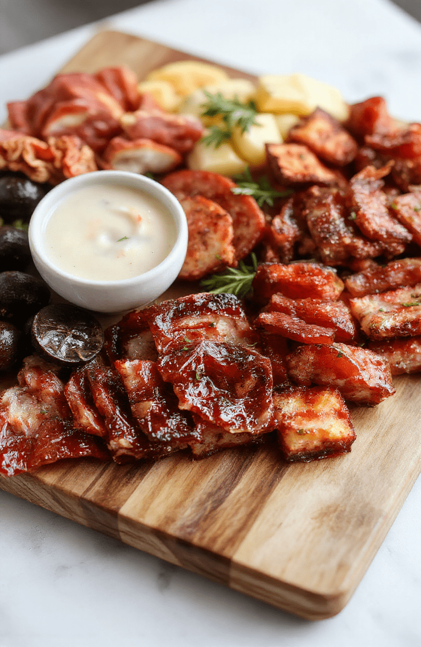 Stylish wooden board topped with neat sections of cured meats like salami and prosciutto, green grapes, olives, fig jam in a small ramekin, crackers, and soft cheese, arranged with minimal effort and vibrant colors for a casual appetizer.