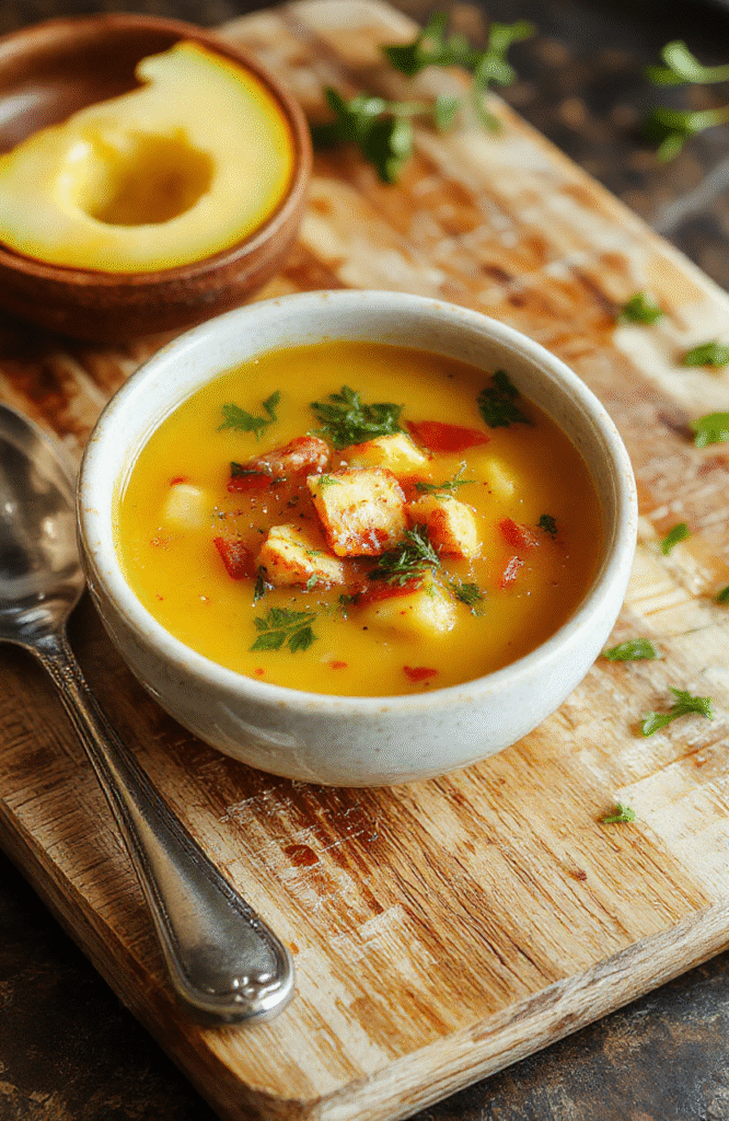 A steaming bowl of golden broth soup with Tender chicken, chopped carrots, celery, and fresh parsley, served in a rustic white ceramic bowl on a wooden table with soft lighting and a sprig of parsley garnish.