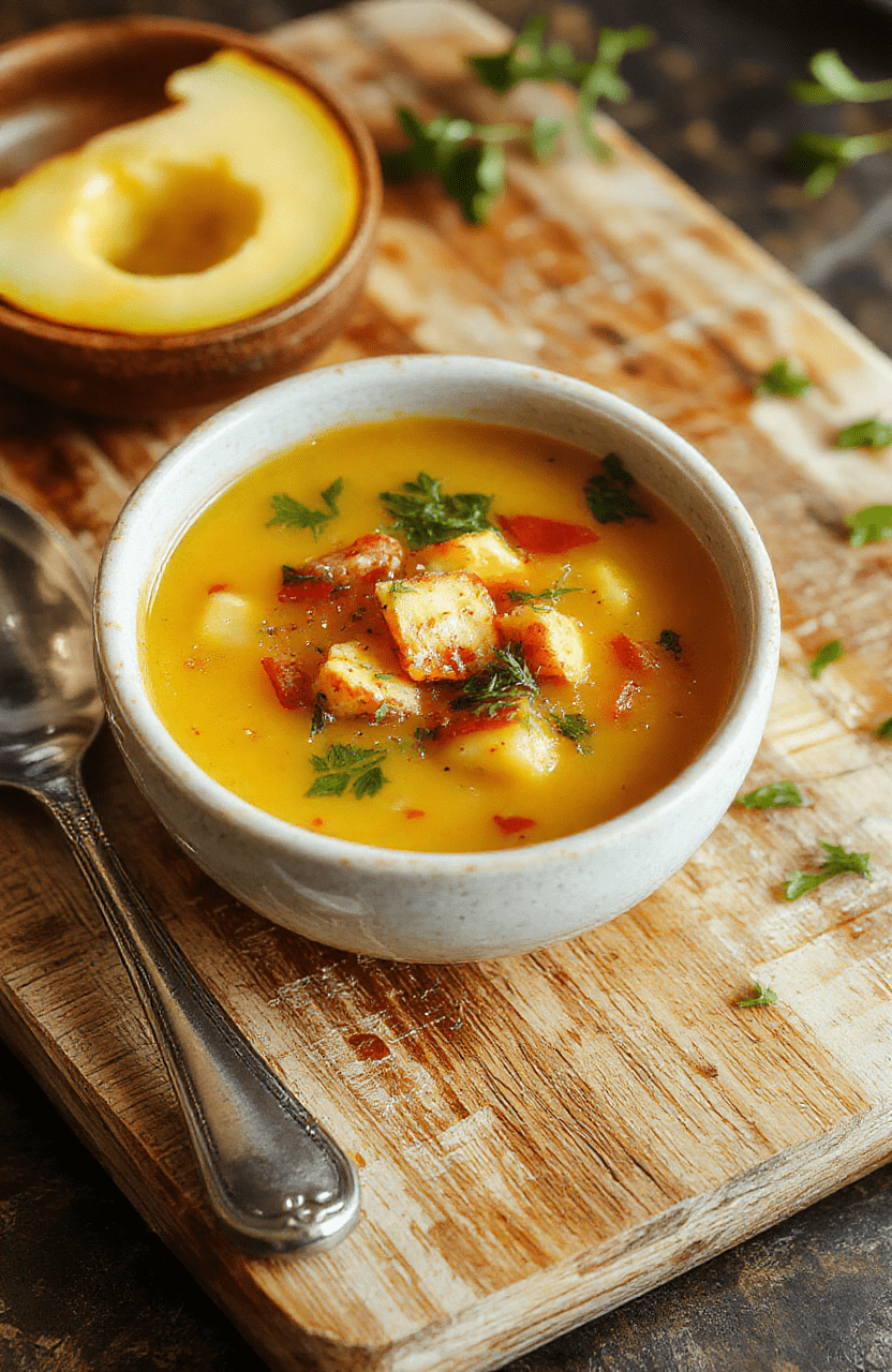 A steaming bowl of golden broth soup with Tender chicken, chopped carrots, celery, and fresh parsley, served in a rustic white ceramic bowl on a wooden table with soft lighting and a sprig of parsley garnish.