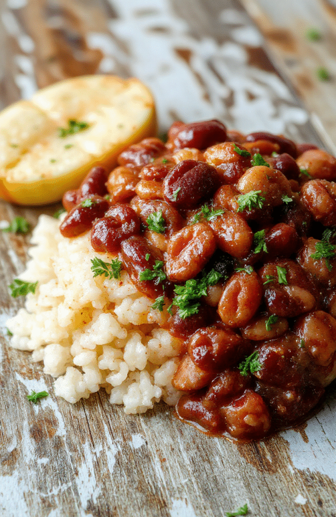 A steaming bowl of creamy red beans and rice topped with sliced green onions and a drizzle of hot sauce, served on a rustic wooden board beside a cast-iron skillet and a sprig of fresh thyme, natural light casting warm soft shadows.