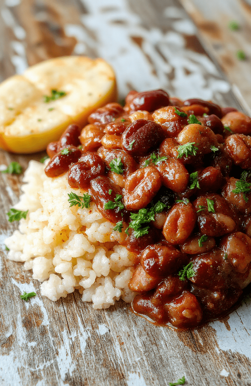A steaming bowl of creamy red beans and rice topped with sliced green onions and a drizzle of hot sauce, served on a rustic wooden board beside a cast-iron skillet and a sprig of fresh thyme, natural light casting warm soft shadows.