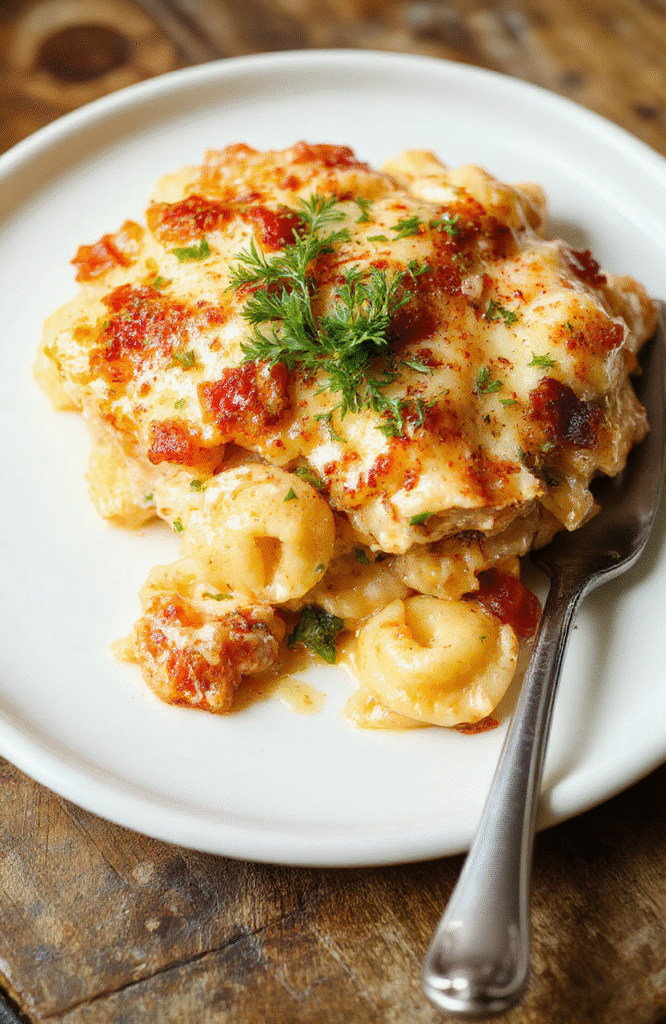 Golden-brown cheesy baked tortellini casserole in a deep ceramic dish, topped with melted mozzarella and parmesan, fresh basil leaves scattered around, served with crusty garlic bread on the side. The tortellini are plump and filled with ricotta and spinach, nestled in a rich tomato-cream sauce. Soft natural light highlights the glistening cheese pull.