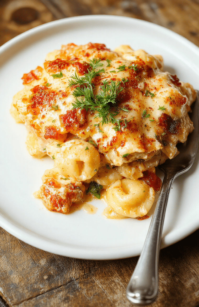 Golden-brown cheesy baked tortellini casserole in a deep ceramic dish, topped with melted mozzarella and parmesan, fresh basil leaves scattered around, served with crusty garlic bread on the side. The tortellini are plump and filled with ricotta and spinach, nestled in a rich tomato-cream sauce. Soft natural light highlights the glistening cheese pull.