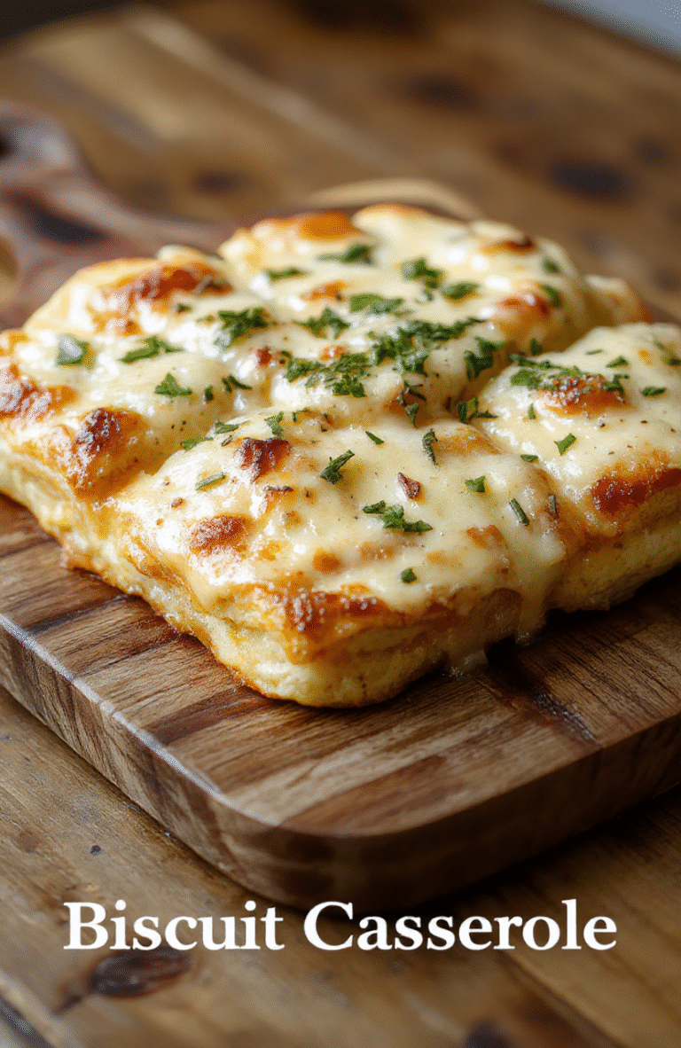 A rustic, golden-brown cheesy biscuit pizza casserole in a cast-iron skillet, topped with melted mozzarella, pepperoni slices, bell peppers, red onions, and fresh basil leaves. The biscuit topping is flaky and pull-apart, drizzled with garlic butter. Background is a cozy farmhouse table, soft natural light, shallow depth of field.