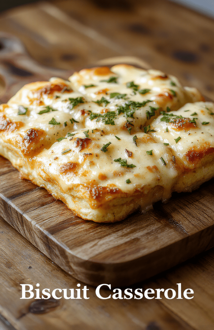 A rustic, golden-brown cheesy biscuit pizza casserole in a cast-iron skillet, topped with melted mozzarella, pepperoni slices, bell peppers, red onions, and fresh basil leaves. The biscuit topping is flaky and pull-apart, drizzled with garlic butter. Background is a cozy farmhouse table, soft natural light, shallow depth of field.