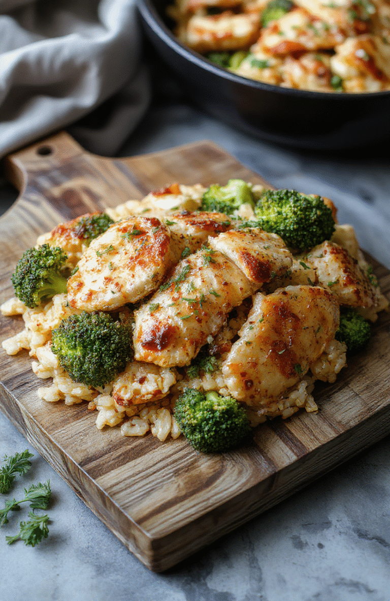 Golden-brown rice casserole topped with melted cheddar cheese, tender shredded chicken, and vibrant green broccoli florets, served in a cast-iron skillet with slightly caramelized edges.