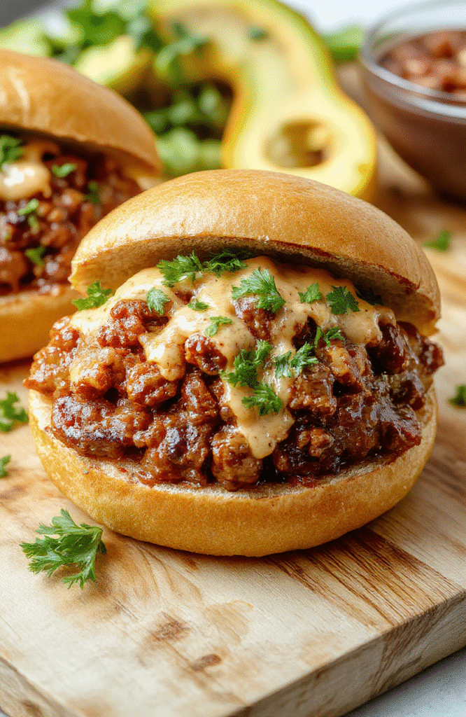 A generous portion of rich, savory Cheesy French Onion Sloppy Joes served on a toasted brioche bun, topped with melted Gruyère cheese, caramelized onions, and fresh parsley. Close-up, vibrant colors: golden bun, deep brown beef mixture, amber onions, green garnish. Shot on a rustic wooden board with soft natural lighting and shallow depth of field.