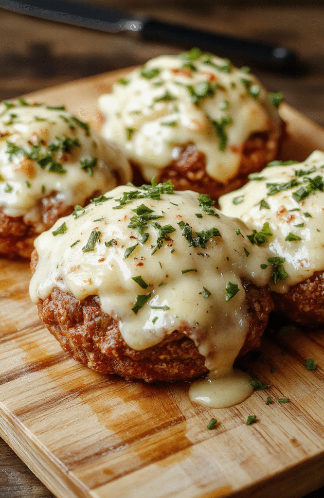 A close-up of four golden-brown, bite-sized cheeseburger bombs on a rustic wooden board, each cut in half to reveal molten melted cheddar and ground beef filling with visible bits of onion and pickle, dusted with fresh parsley and garlic powder, served with a small ramekin of tangy garlic aioli on the side, background blurred with warm natural light casting soft shadows.