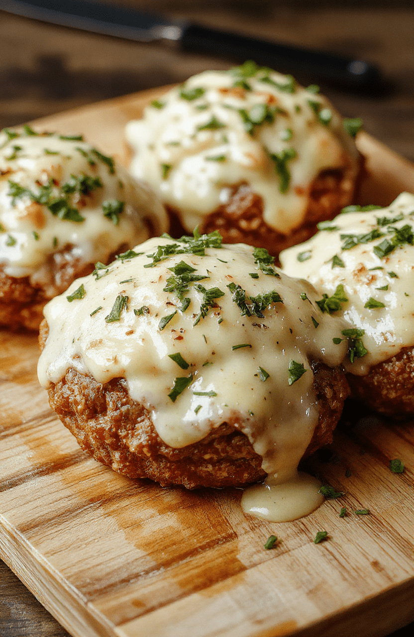 A close-up of four golden-brown, bite-sized cheeseburger bombs on a rustic wooden board, each cut in half to reveal molten melted cheddar and ground beef filling with visible bits of onion and pickle, dusted with fresh parsley and garlic powder, served with a small ramekin of tangy garlic aioli on the side, background blurred with warm natural light casting soft shadows.