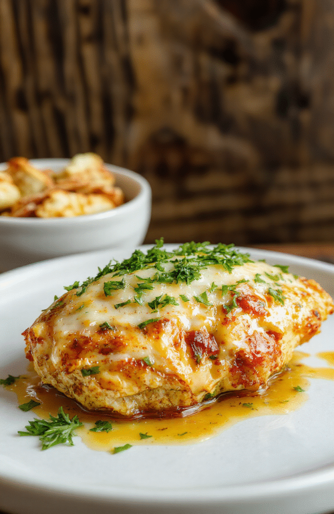 Golden-brown baked chicken breast topped with melted mozzarella and parmesan cheese, garlicky herb butter pooling around the edges, served with roasted cherry tomatoes and fresh parsley on a rustic white ceramic plate, steam rising, natural light, shallow depth of field.