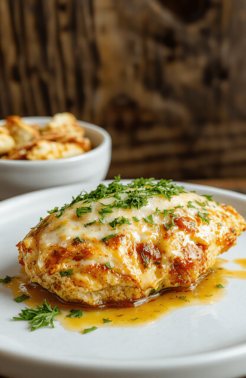 Golden-brown baked chicken breast topped with melted mozzarella and parmesan cheese, garlicky herb butter pooling around the edges, served with roasted cherry tomatoes and fresh parsley on a rustic white ceramic plate, steam rising, natural light, shallow depth of field.