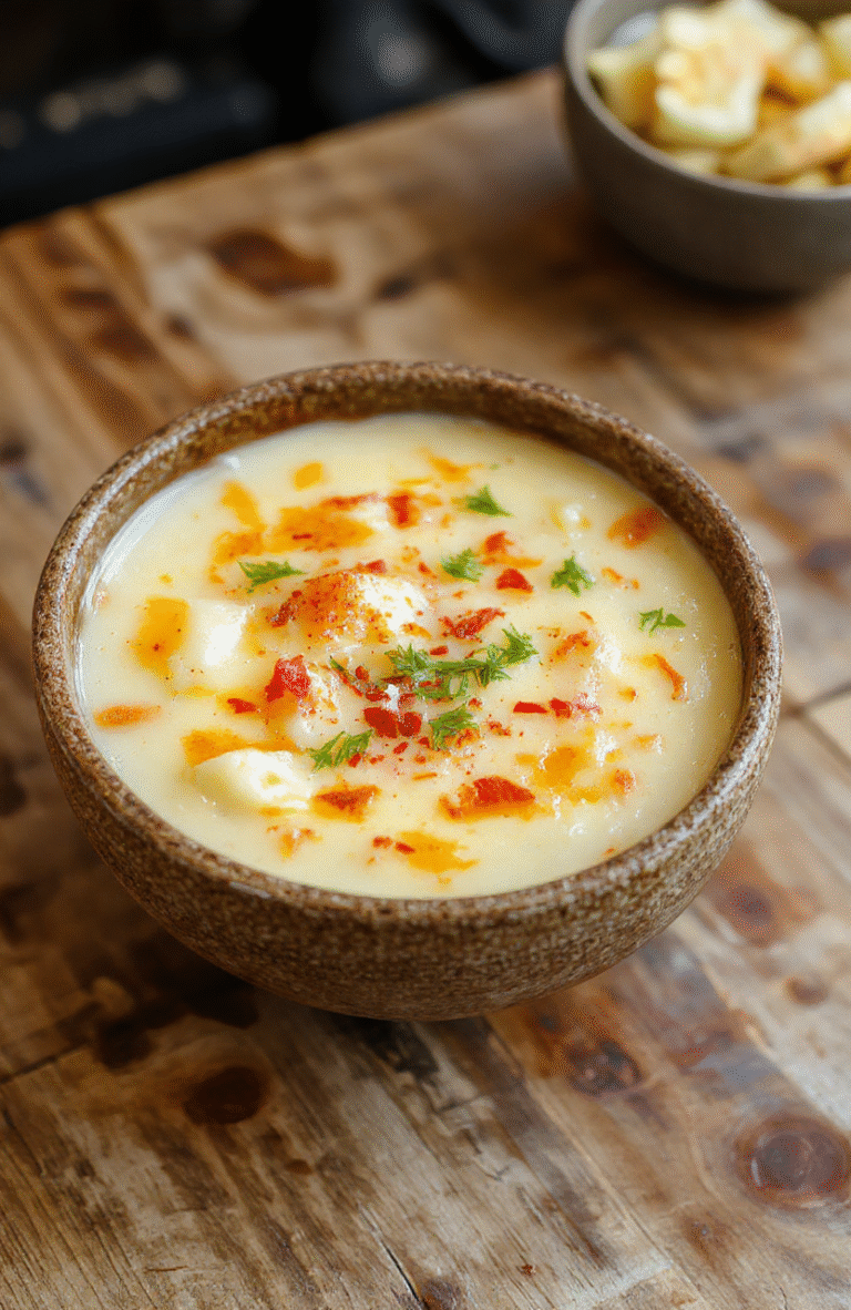 A steaming bowl of creamy cheesy potato soup with visible chunks of potatoes, melted sharp cheddar cheese, and crispy hash brown pieces on top, garnished with fresh chives and a drizzle of sour cream, served in a rustic ceramic bowl against a warm wooden table.