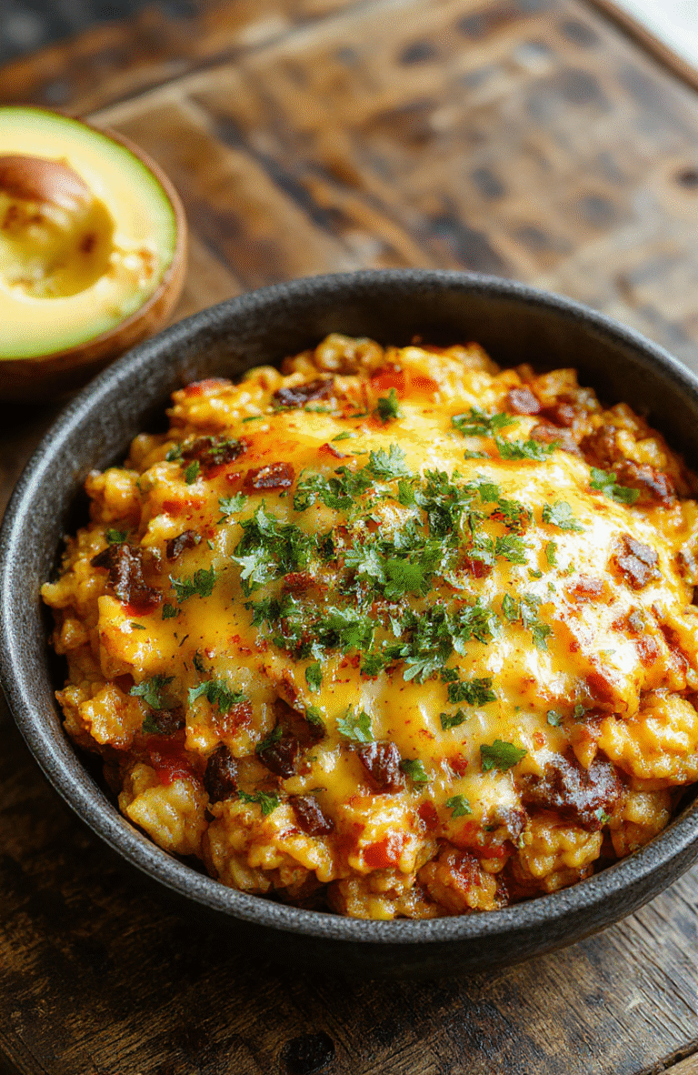 A steaming one-pan cheesy taco rice skillet on a white ceramic plate, topped with melted cheddar cheese, black beans, diced tomatoes, fresh cilantro, and a dollop of sour cream. Background is a rustic wooden table with soft natural lighting and slight shadows. The dish is generously portioned and visually hearty.