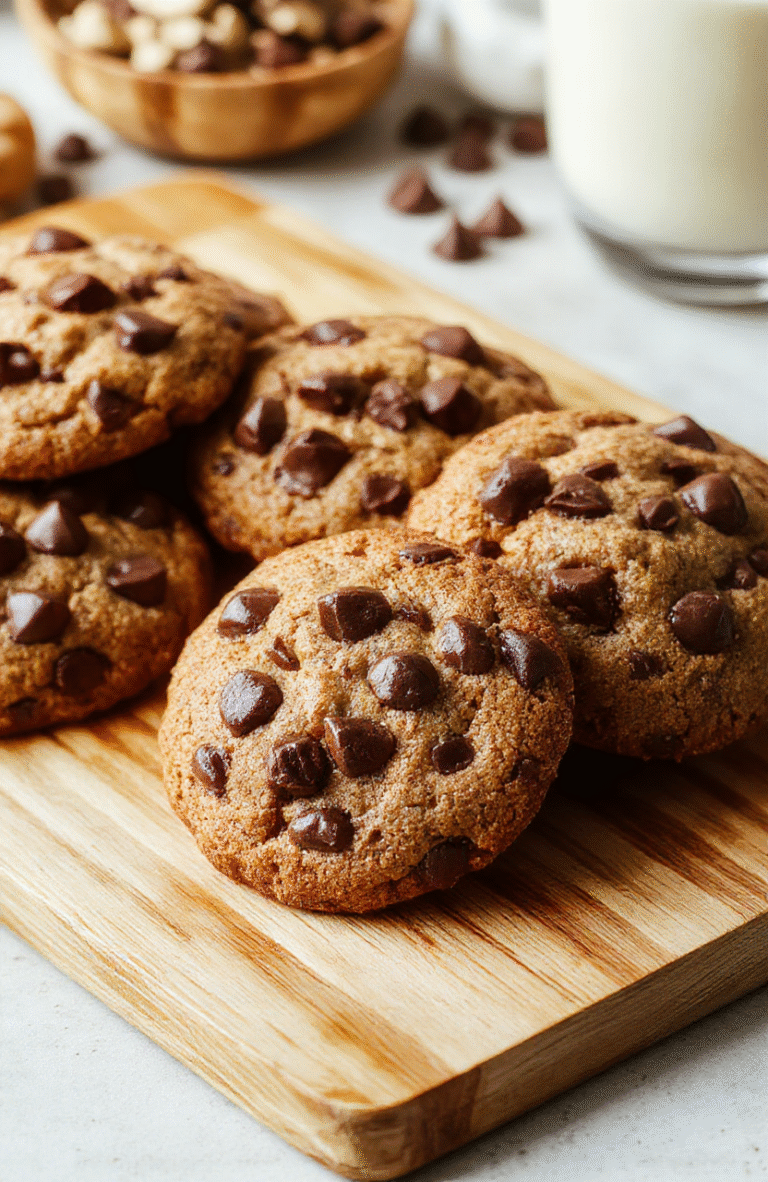 Golden-brown chewy chocolate chip cookies with melted chocolate chips and a slightly cracked surface, placed on a rustic wooden cutting board with dusting of powdered sugar, soft natural daylight, shallow depth of field, lower third of image clear