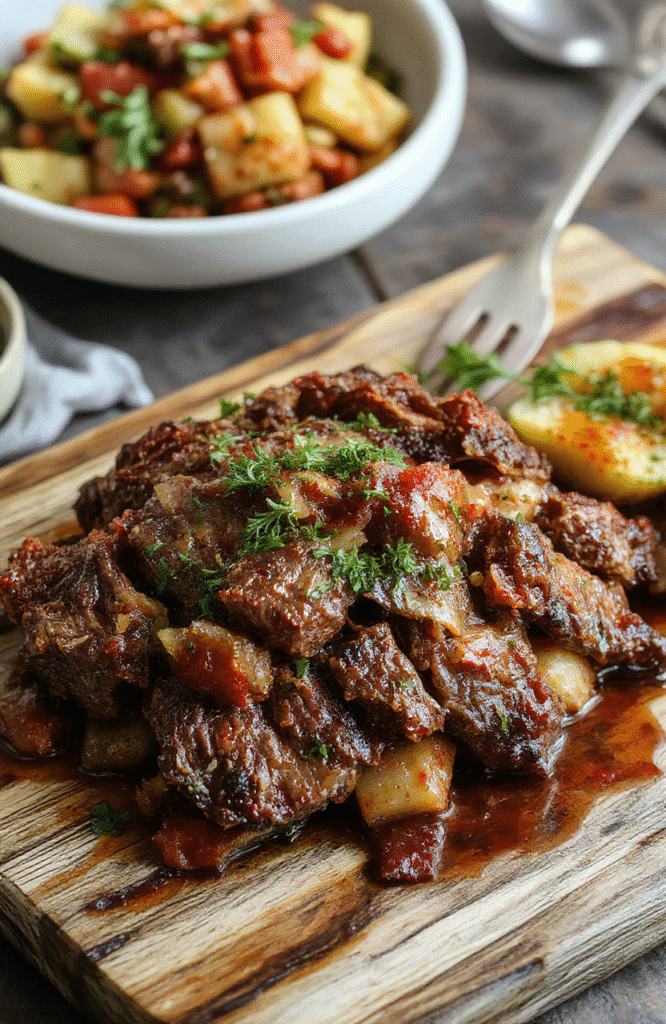 A rustic ceramic crock pot on a wooden table, lid lifted to reveal a golden-brown chuck roast surrounded by caramelized carrots, golden onions, and creamy garlic potatoes in rich brown gravy. Steam rises gently, garnished with fresh parsley sprigs on a wooden board.