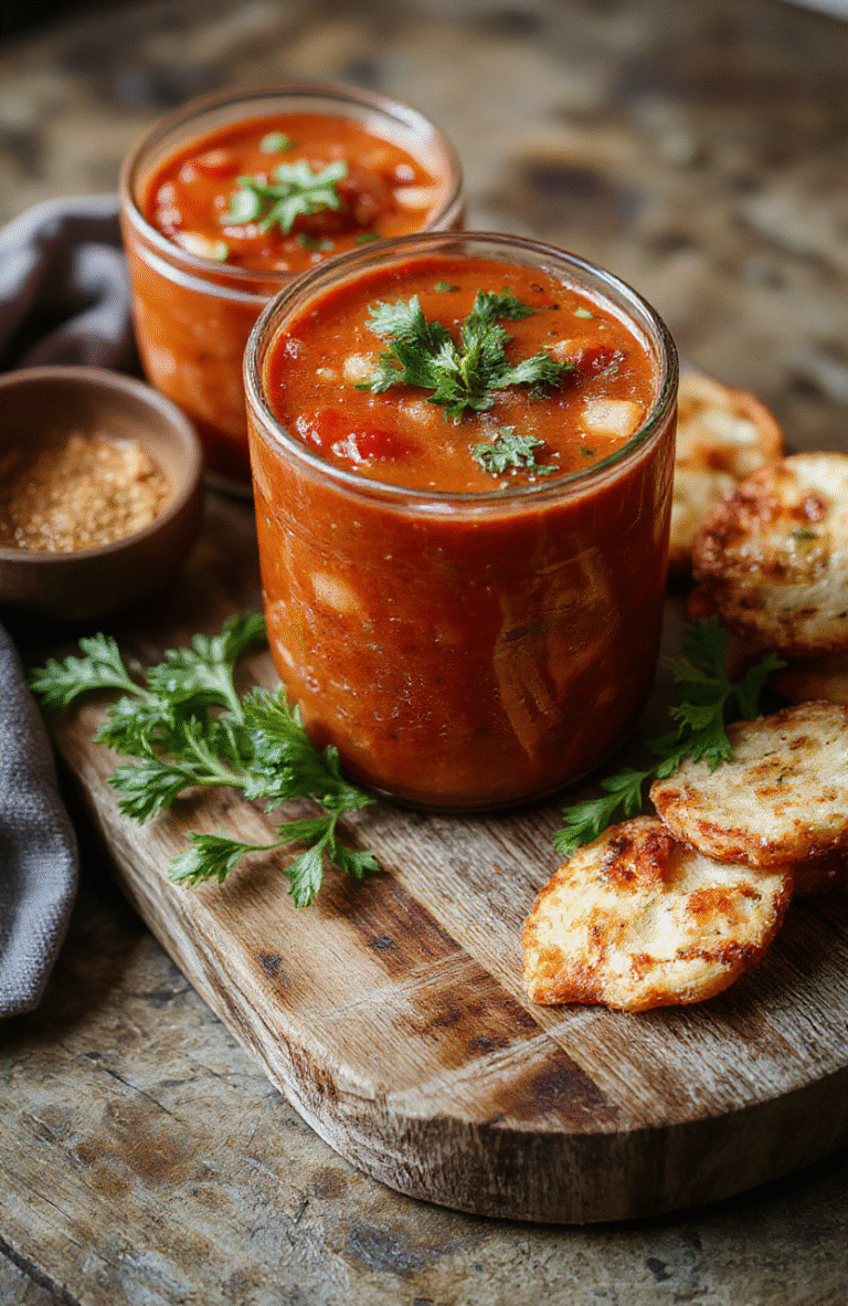 A rustic ceramic bowl filled with vibrant orange tomato soup, garnished with fresh basil leaves, a swirl of cream, and a sprinkle of cracked black pepper, served beside crusty sourdough toast on a wooden board in soft natural light.