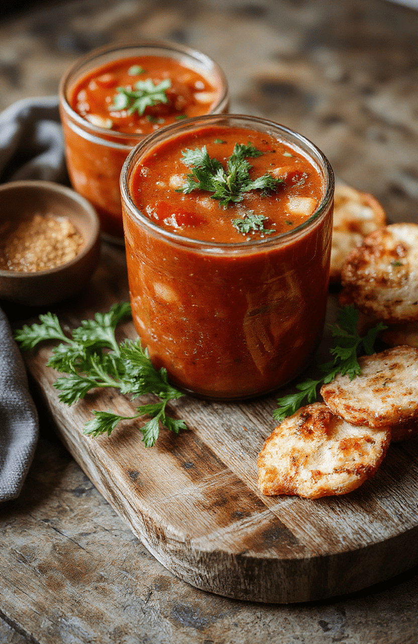 A rustic ceramic bowl filled with vibrant orange tomato soup, garnished with fresh basil leaves, a swirl of cream, and a sprinkle of cracked black pepper, served beside crusty sourdough toast on a wooden board in soft natural light.