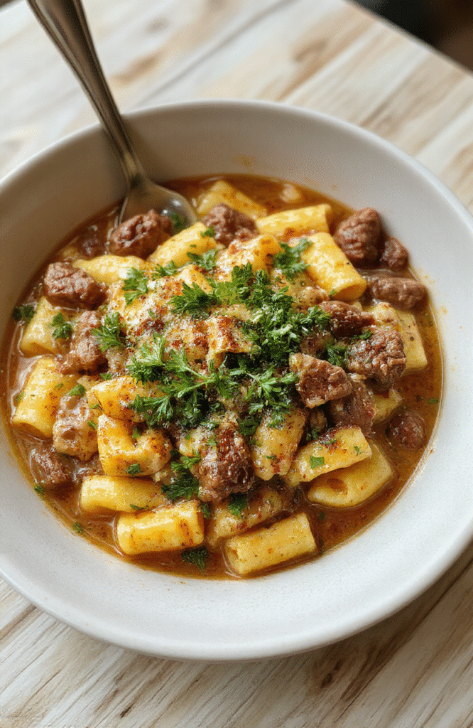 A rustic ceramic bowl filled with creamy beige creamy beef pasta, garnished with fresh parsley and red pepper flakes, with visible pasta shapes coated in rich white sauce and tender beef bits, set on a light oak wooden table under soft natural window light.