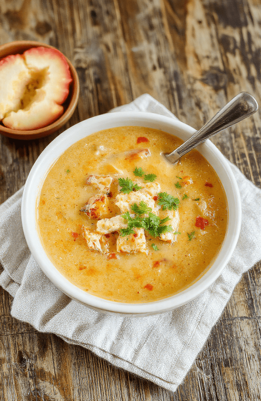 Steaming bowl of creamy chicken enchilada soup with shredded chicken, white rice, black beans, corn, diced red onion, fresh cilantro, and a drizzle of sour cream and crushed tortilla chips on top, served in a rustic ceramic bowl against a soft beige linen napkin background.