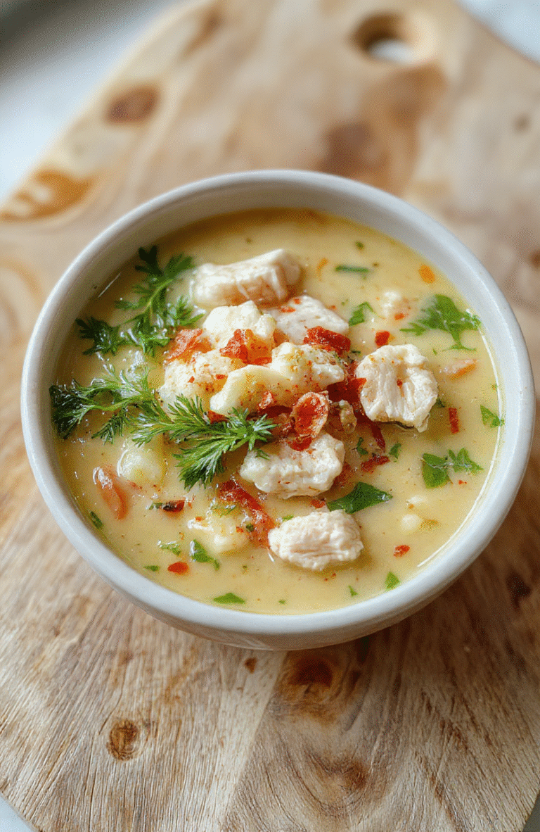 A steaming bowl of creamy chicken noodle soup with tender shredded chicken, golden carrots, soft egg noodles, and herbs floating on a rich velvety broth; garnished with fresh parsley, served in a rustic ceramic bowl on a light wooden table with soft natural light.