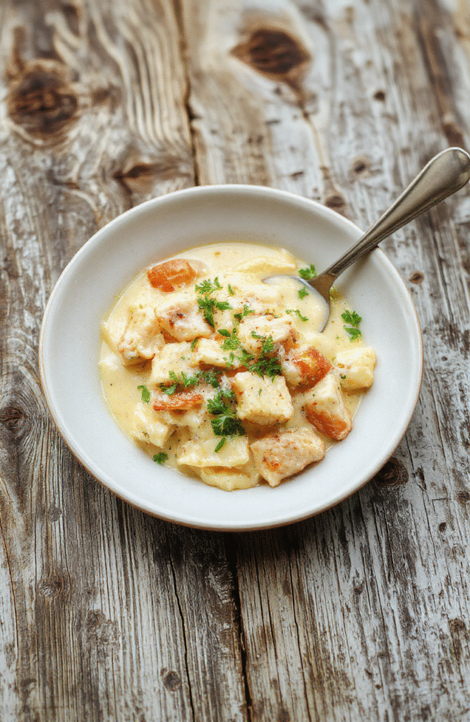 A steaming bowl of creamy chicken pot pie pasta garnished with fresh parsley, topped with golden-brown crispy cheese, featuring tender chicken pieces, peas, carrots, and al dente pasta in a rich white sauce. Shot on white ceramic plate against wooden table.