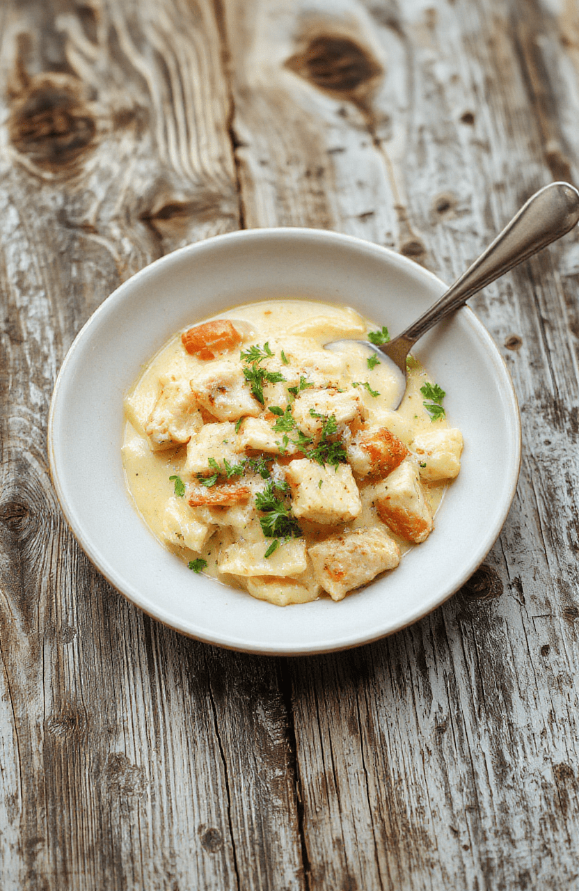 A steaming bowl of creamy chicken pot pie pasta garnished with fresh parsley, topped with golden-brown crispy cheese, featuring tender chicken pieces, peas, carrots, and al dente pasta in a rich white sauce. Shot on white ceramic plate against wooden table.