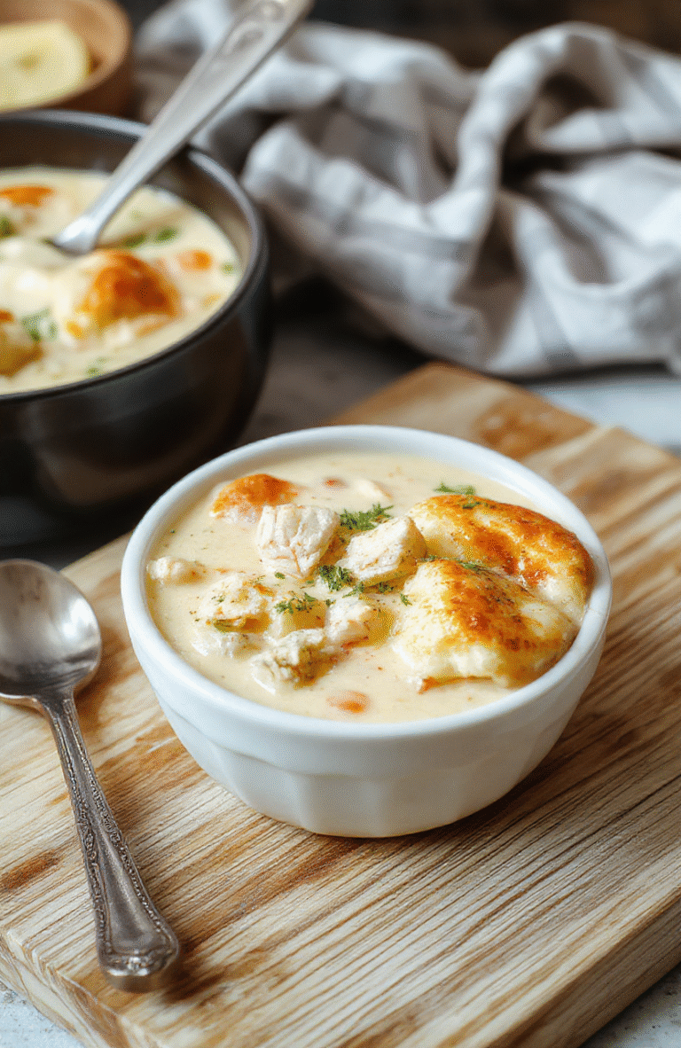 A rustic ceramic bowl filled with creamy chicken pot pie soup, featuring tender chicken chunks, soft carrots, peas, and potatoes, all immersed in a smooth golden broth; garnished with fresh parsley and a light drizzle of olive oil, served on a wooden table with soft natural lighting and shallow depth of field.