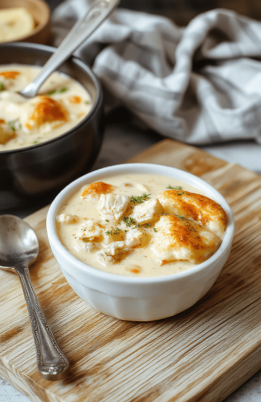A rustic ceramic bowl filled with creamy chicken pot pie soup, featuring tender chicken chunks, soft carrots, peas, and potatoes, all immersed in a smooth golden broth; garnished with fresh parsley and a light drizzle of olive oil, served on a wooden table with soft natural lighting and shallow depth of field.