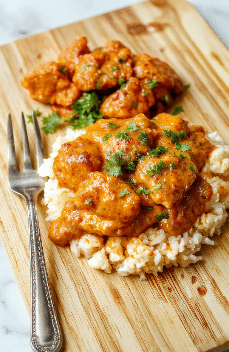 A vibrant bowl of creamy chicken tikka masala garnished with fresh cilantro and sliced green onions, served over fluffy basmati rice. Tender, slightly charred chicken pieces swim in a rich, orange-yogurt-based curry with tomatoes, garlic, and ginger, topped with a drizzle of cream and a sprinkle of paprika.
