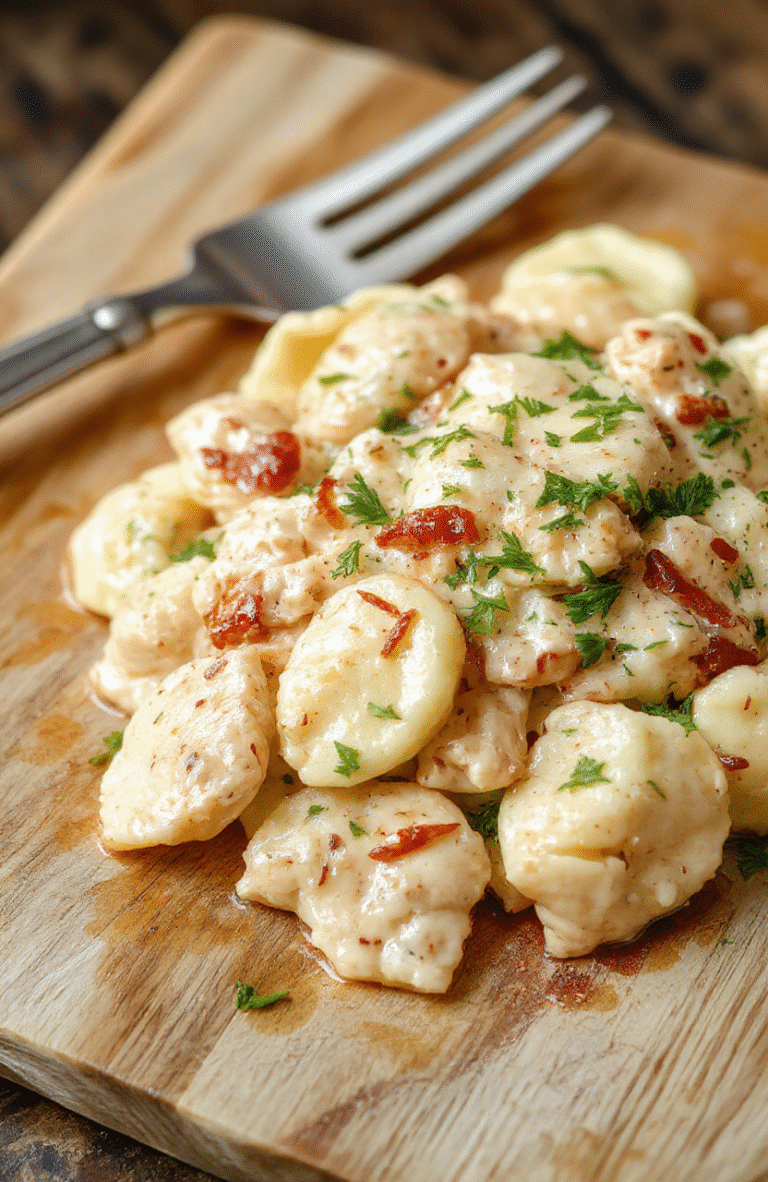 A steaming bowl of creamy chicken tortellini with golden-brown tortellini pods filled with tender chicken and mozzarella, swirled in a richParmesan-garlic cream sauce, garnished with fresh parsley and a sprinkle of red pepper flakes, served on a rustic wooden board with a side of garlicky greens.